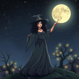 Witch with curly hair pointing at the moon, standing on a hilltop under a starry night sky