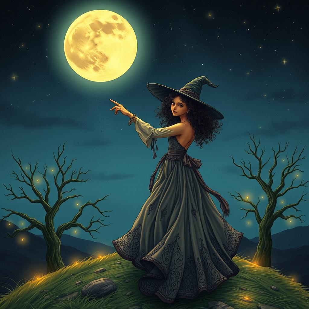 Witch with curly hair pointing at the moon, standing on a hilltop under a starry night sky