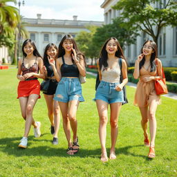 A full-body depiction of stylish Asian college girls enjoying a lively day on campus