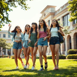 A full-body depiction of stylish Asian college girls enjoying a lively day on campus