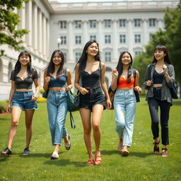 A full-body depiction of stylish Asian college girls enjoying a lively day on campus