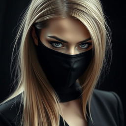 A surreal artwork depicts a woman with a sleek black mask covering the bottom half of her face, dressed in an elegant all-black ensemble