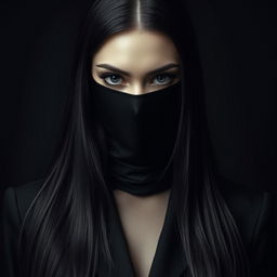 A surreal artwork depicts a woman with a sleek black mask covering the bottom half of her face, dressed in an elegant all-black ensemble