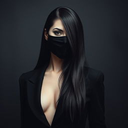 A surreal artwork depicts a woman with a sleek black mask covering the bottom half of her face, dressed in an elegant all-black ensemble