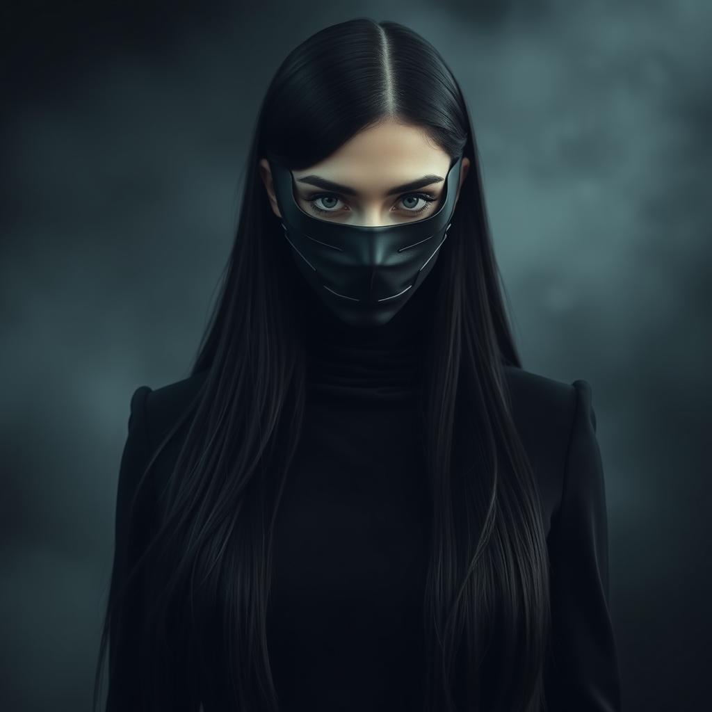 A surreal artwork depicts a woman with a sleek black mask covering the bottom half of her face, dressed in an elegant all-black ensemble