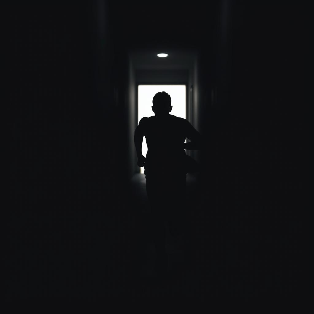 a silhouette of a person, entirely black, sprinting down a dimly lit corridor