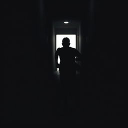 a silhouette of a person, entirely black, sprinting down a dimly lit corridor