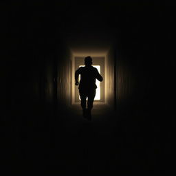 a silhouette of a person, entirely black, sprinting down a dimly lit corridor