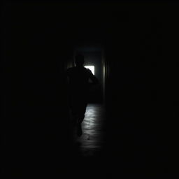 a silhouette of a person, entirely black, sprinting down a dimly lit corridor