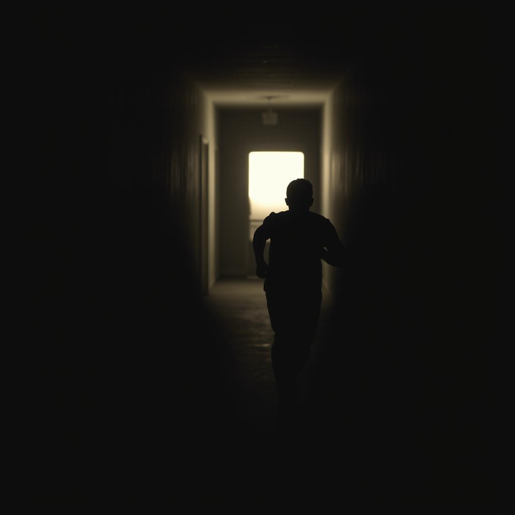 a silhouette of a person, entirely black, sprinting down a dimly lit corridor