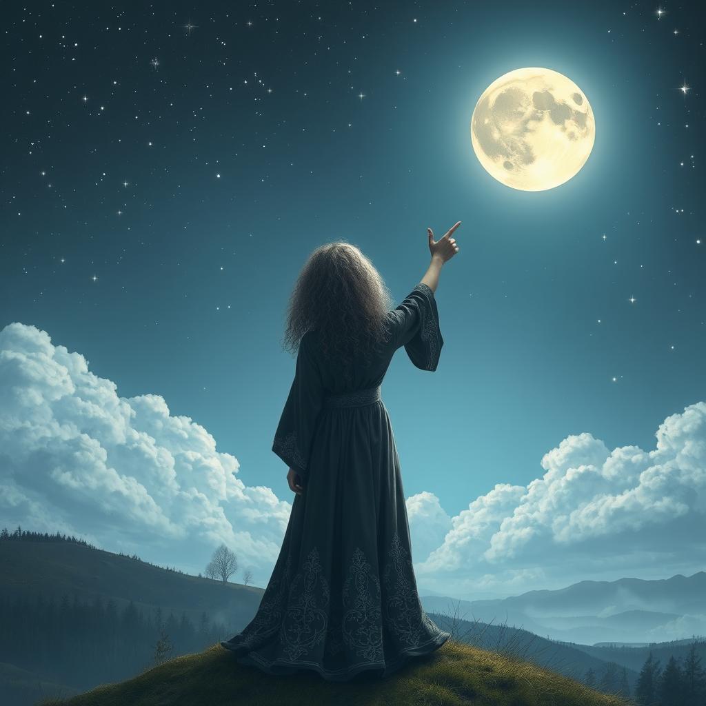 Curly-haired witch seen from behind, pointing at the moon