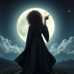 Curly-haired witch seen from behind, pointing at the moon