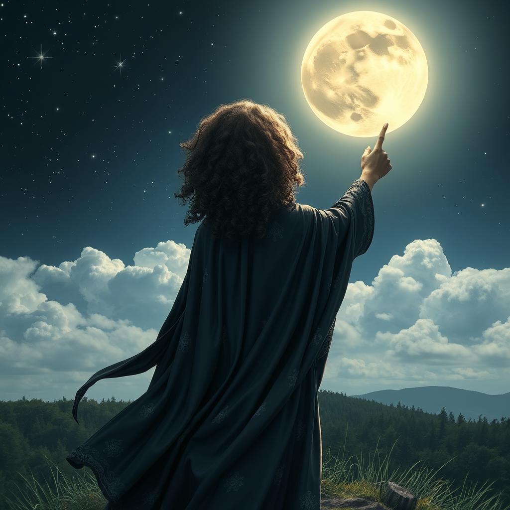 Curly-haired witch seen from behind, pointing at the moon