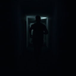 A silhouette of a person, entirely black, running through a dimly lit corridor