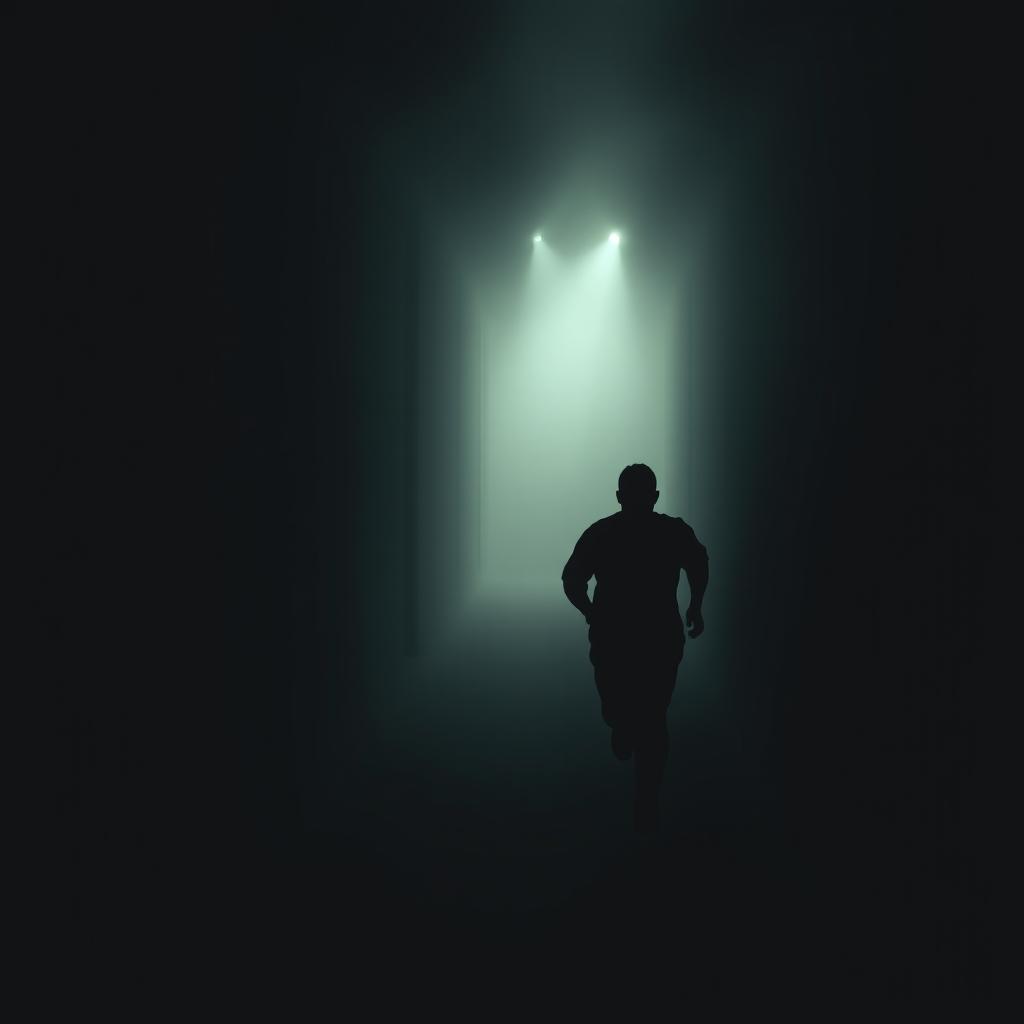 A silhouette of a person, entirely black, running through a dimly lit corridor