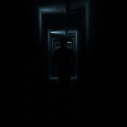 A silhouette of a person, entirely black, running through a dimly lit corridor