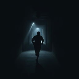 A silhouette of a person, entirely black, running through a dimly lit corridor