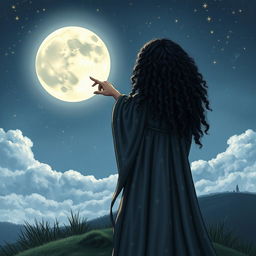 Curly-haired witch seen from behind, pointing at the moon