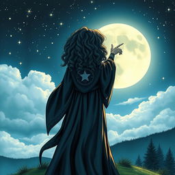 Curly-haired witch seen from behind, pointing at the moon