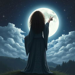 Curly-haired witch seen from behind, pointing at the moon