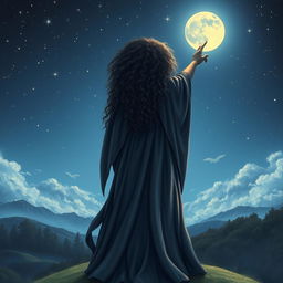 Curly-haired witch seen from behind, pointing at the moon