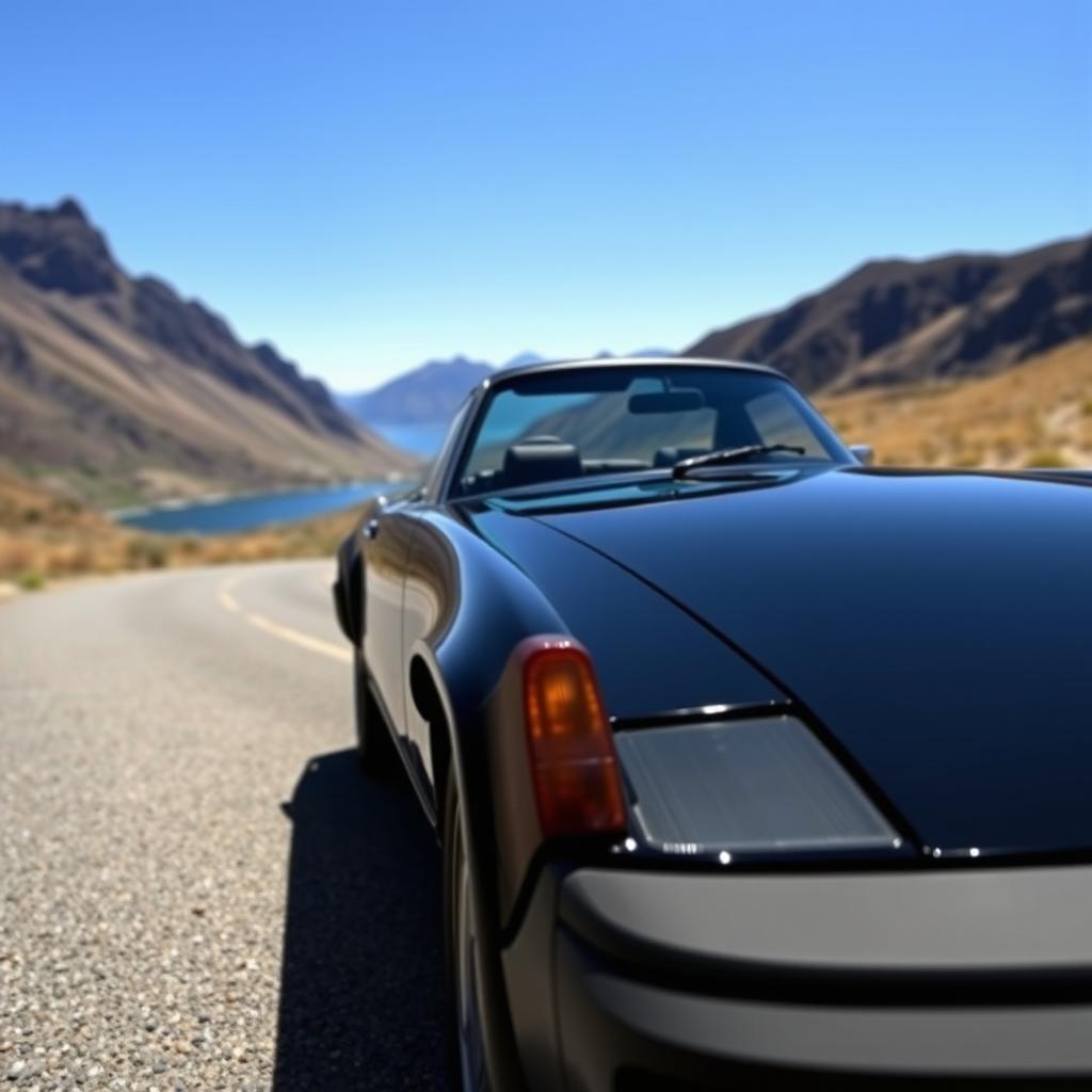 A sleek all-black Porsche 914 GT on a deserted road