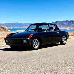 A sleek all-black Porsche 914 GT on a deserted road