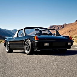 A sleek all-black Porsche 914 GT on a deserted road