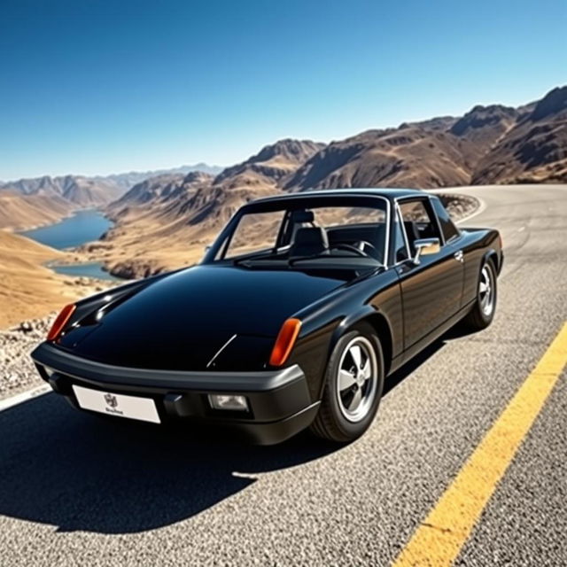 A sleek all-black Porsche 914 GT on a deserted road