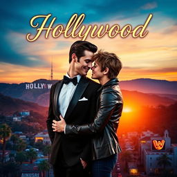 a romantic book cover featuring a couple of two men in Hollywood, with a picturesque sunset over the iconic Hollywood Sign in the background