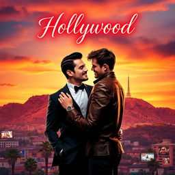 a romantic book cover featuring a couple of two men in Hollywood, with a picturesque sunset over the iconic Hollywood Sign in the background