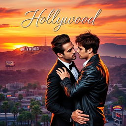 a romantic book cover featuring a couple of two men in Hollywood, with a picturesque sunset over the iconic Hollywood Sign in the background