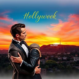 a romantic book cover featuring a couple of two men in Hollywood, with a picturesque sunset over the iconic Hollywood Sign in the background