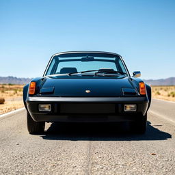 A striking all-black 1972 Porsche 914 GT with prominent fender flares, parked boldly on an open road