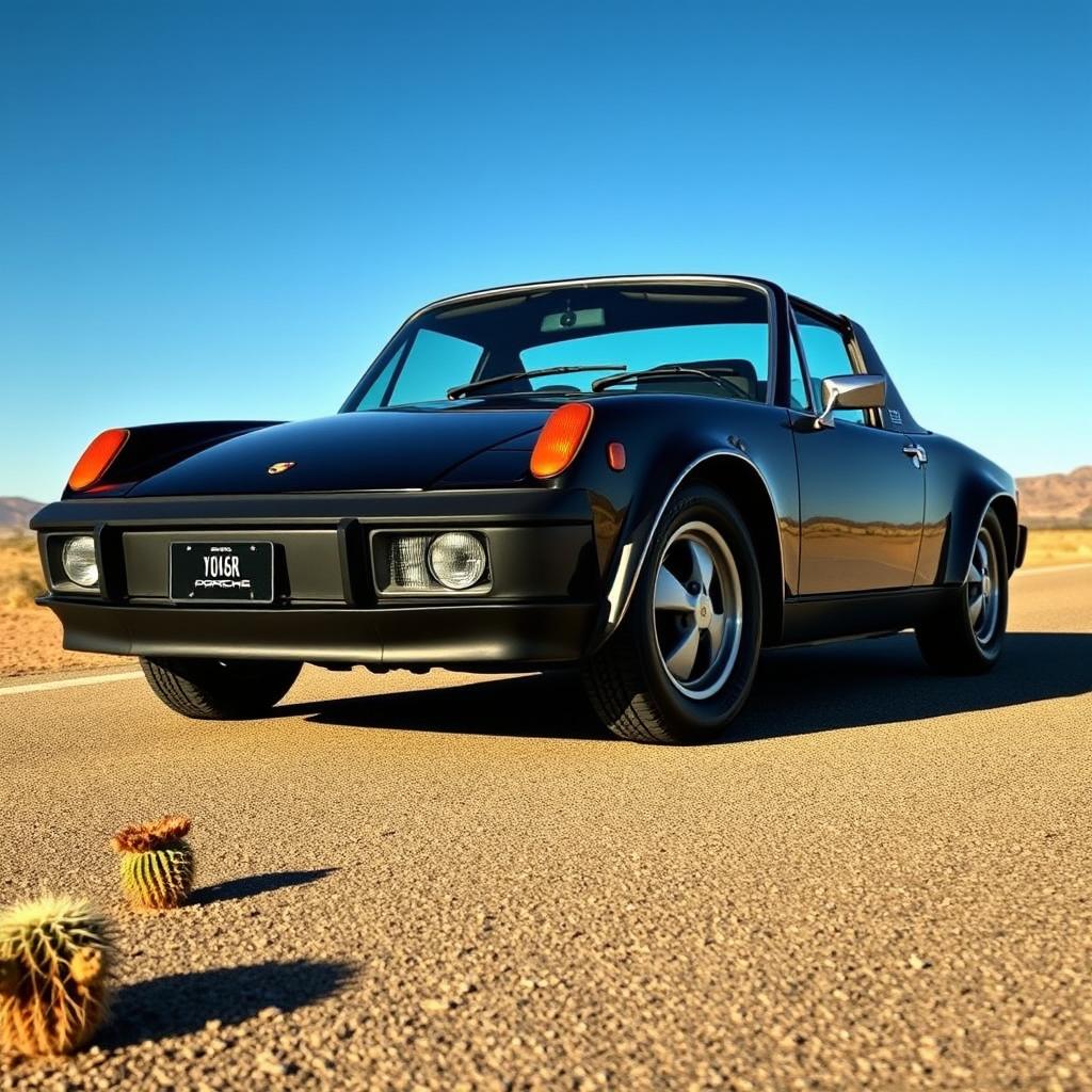 A striking all-black 1972 Porsche 914 GT with prominent fender flares, parked boldly on an open road