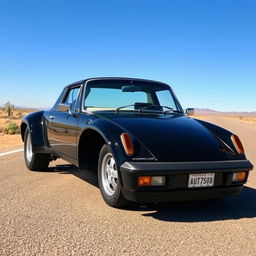 A striking all-black 1972 Porsche 914 GT with prominent fender flares, parked boldly on an open road