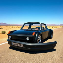 A striking all-black 1972 Porsche 914 GT with prominent fender flares, parked boldly on an open road