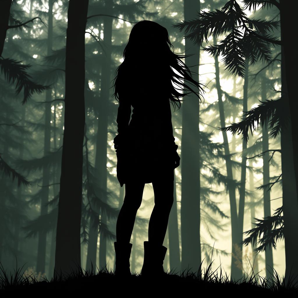 A captivating silhouette artwork of a woman in a dense forest