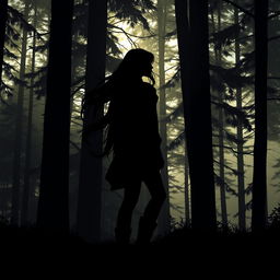 A captivating silhouette artwork of a woman in a dense forest