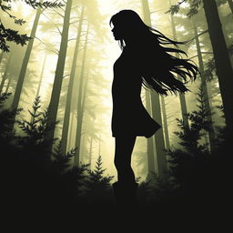 A captivating silhouette artwork of a woman in a dense forest