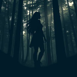 A captivating silhouette artwork of a woman in a dense forest