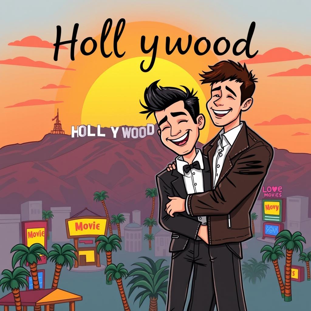 a cartoon-style romantic book cover featuring a couple of two men in Hollywood, with a vibrant and whimsical sunset over the iconic Hollywood Sign in the background