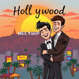 a cartoon-style romantic book cover featuring a couple of two men in Hollywood, with a vibrant and whimsical sunset over the iconic Hollywood Sign in the background