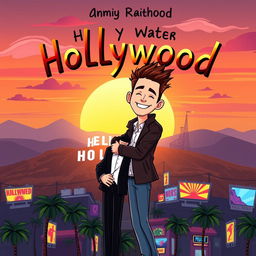 a cartoon-style romantic book cover featuring a couple of two men in Hollywood, with a vibrant and whimsical sunset over the iconic Hollywood Sign in the background