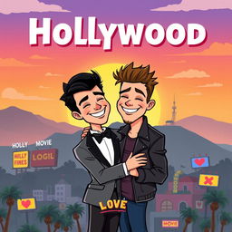 a cartoon-style romantic book cover featuring a couple of two men in Hollywood, with a vibrant and whimsical sunset over the iconic Hollywood Sign in the background