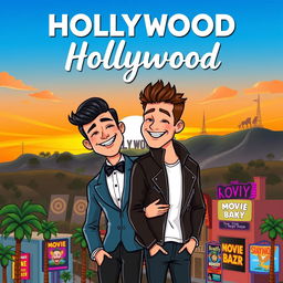 a cartoon-style romantic book cover featuring a couple of two men in Hollywood, with a vibrant and whimsical sunset over the iconic Hollywood Sign in the background