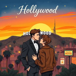 an illustrated book cover featuring a romantic couple of two men in Hollywood, portrayed in a charming and artistic style