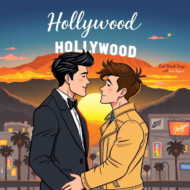 an illustrated book cover featuring a romantic couple of two men in Hollywood, portrayed in a charming and artistic style