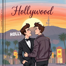 an illustrated book cover featuring a romantic couple of two men in Hollywood, portrayed in a charming and artistic style