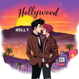 an illustrated book cover featuring a romantic couple of two men in Hollywood, portrayed in a charming and artistic style